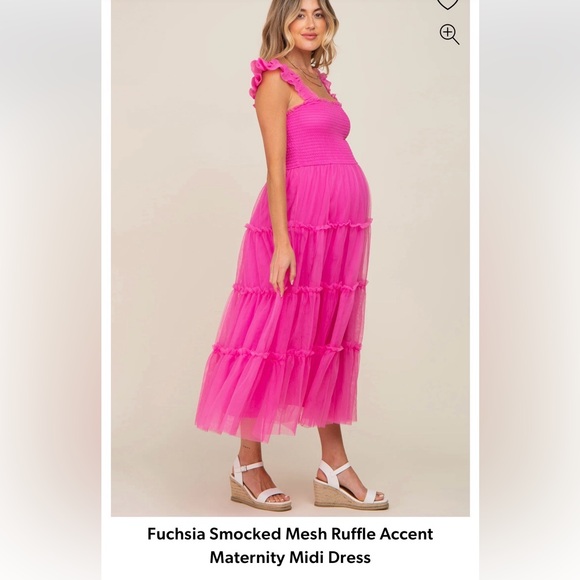 Fuchsia Smocked Mesh Ruffle Accent Maternity Midi Dress - Picture 1 of 3